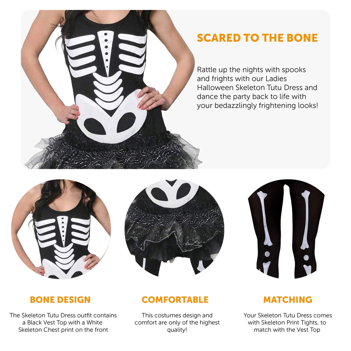 LADIES SKELETON TUTU DRESS HALLOWEEN COSTUME ADULTS FANCY DRESS VEIL TIGHTS