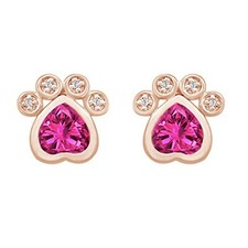 Women's 14K Rose Gold Plated Ruby Pet Love Dog Paw Print Stud Earrings Gift New