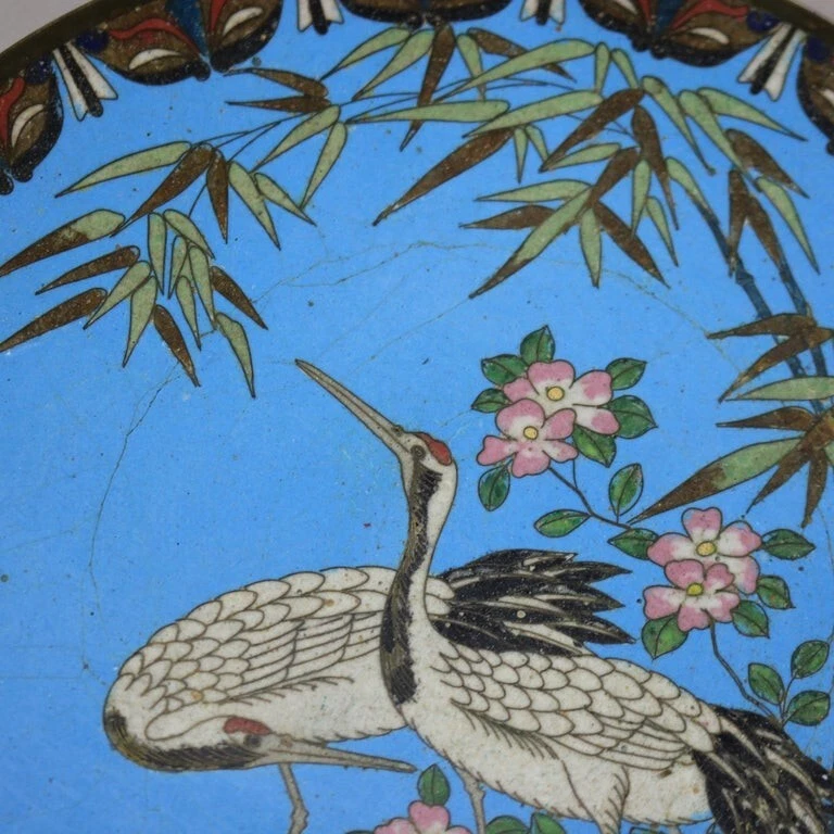 Antique Japanese Meiji Enameled Garden Scene Cloisonne Charger with Heron C1920 - Image 3 of 4