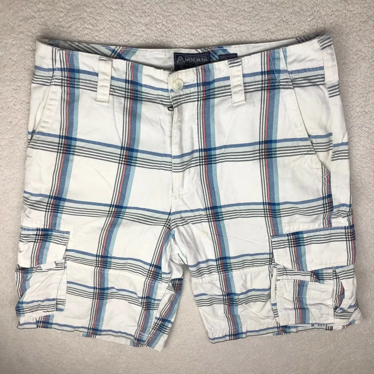 Red white and store blue cargo shorts