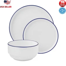 12-Piece Stoneware Dinnerware Set in Blue Rim Design Microwave & Dishwasher Safe