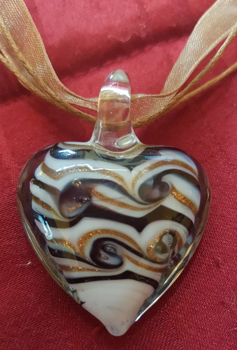 Fused Glass Heart Pendant Handmade Dichroic Jewelry with Fabric