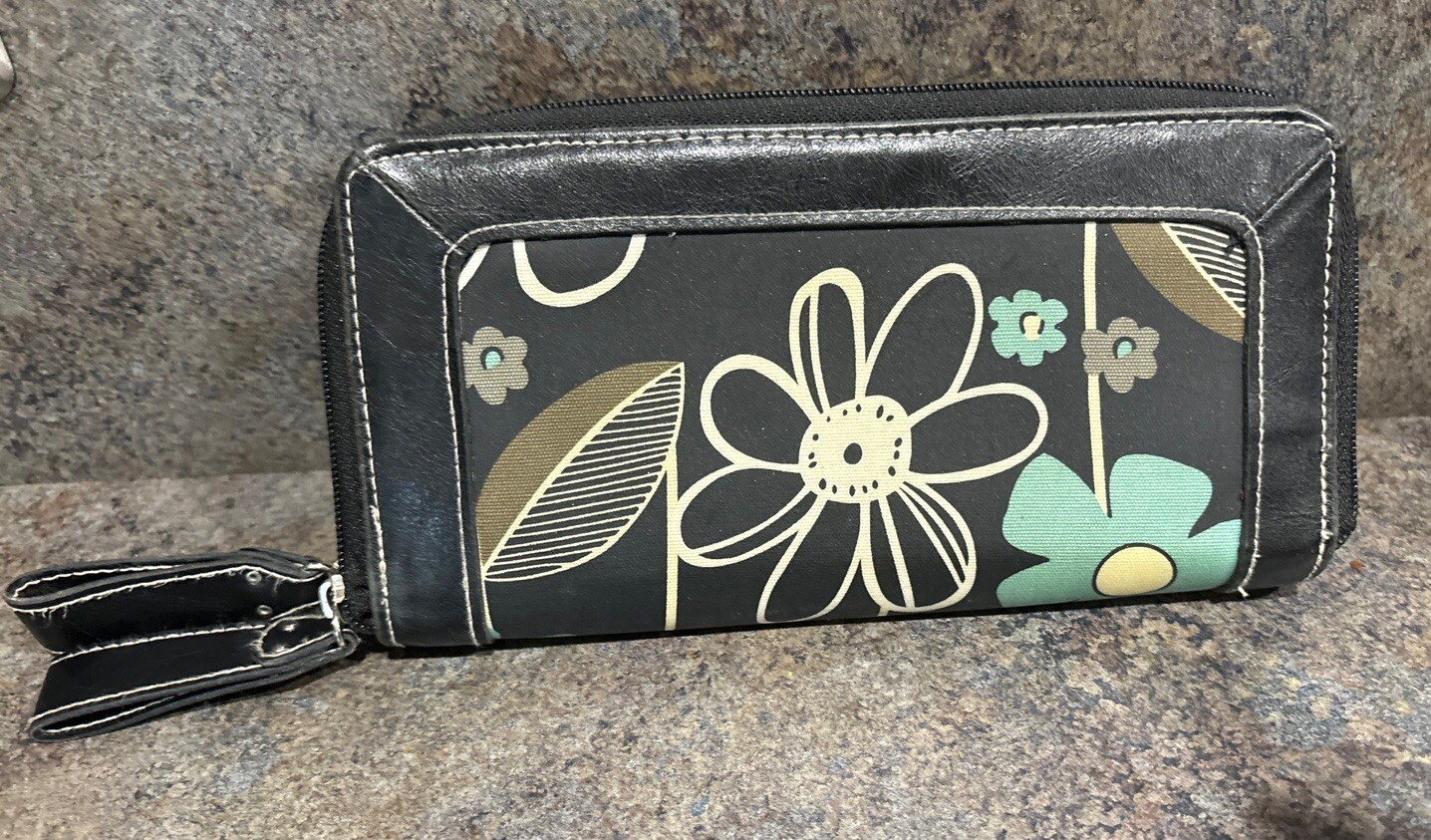 Blue & Brown Floral Print Leather Wallet with Zipper Closure 8x4 Inches-image