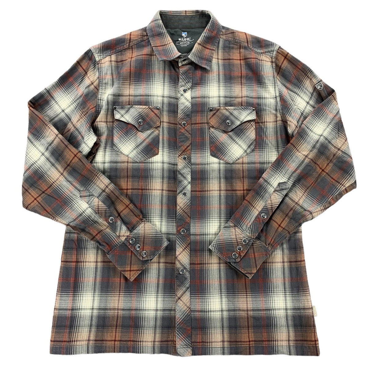 Kuhl Mens Lowdown Pearl Snap Western Shirt Red Gray Plaid Flannel