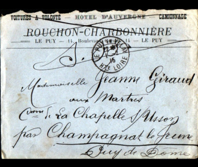 LE PUY (43) HOTEL D'AUVERGNE ''ROUCHON-CHARBONNIERE'' envelope travelled in 1915