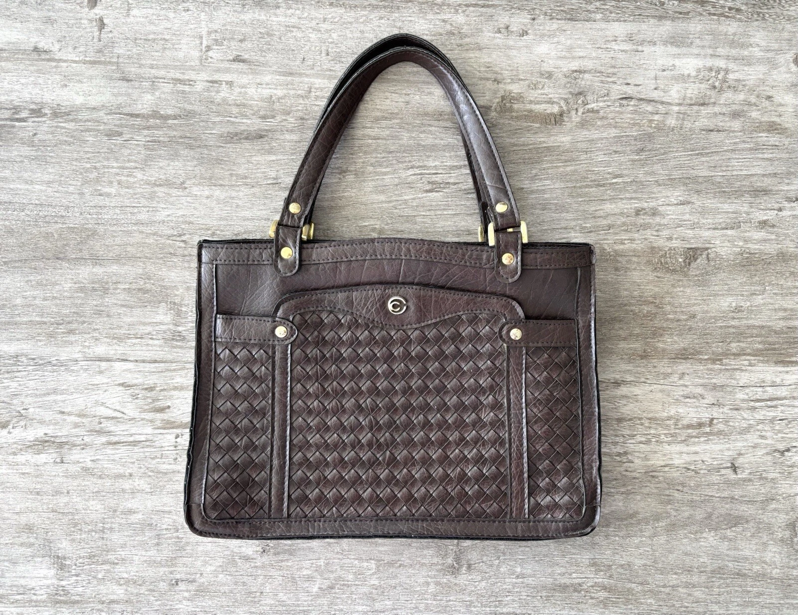 VTG Handbag Woven Brown Leather Shoulder Purse Tote Minimalist Old Money Luxury
