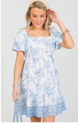 Blu Pepper Sz Xl Blue White Floral Ruffle Dress Puff Sleeve Country Cottage