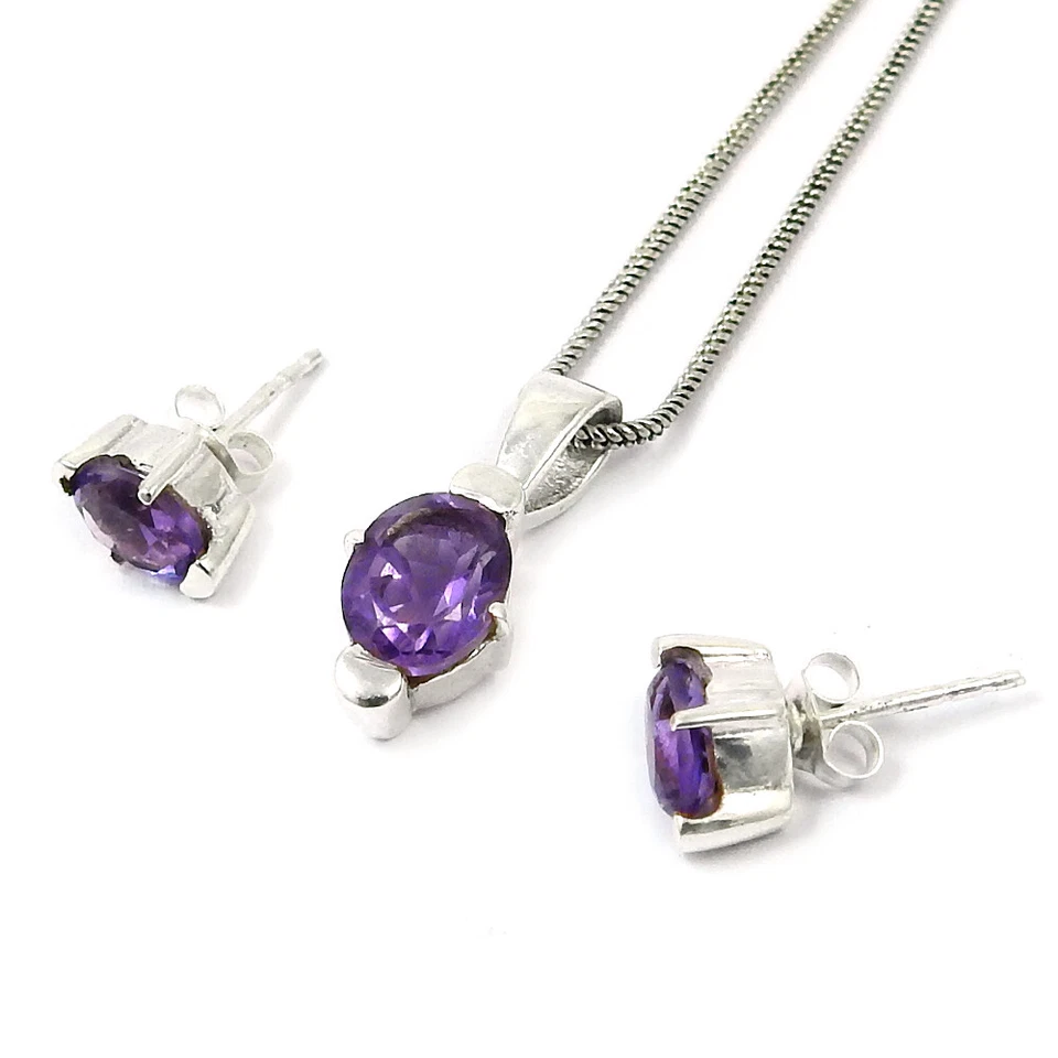 Natale Regalo Pietra Ametista Orecchini Set Ciondolo Vero 925 Argento Sterling - Immagine 2 di 4