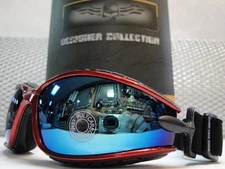 PADDED MOTORCYCLE RIDING GLASSES GOGGLES With Strap Red Frame Blue Mirror Lens