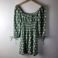 Faithfull The Brand Women XS Green White Spot Print Linen Short Dress Summer