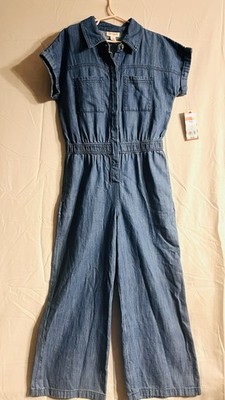 Cat & Jack Girls Short Sleeve Denim Jumpsuit Sz M (8) Elastic Waist Pocket New