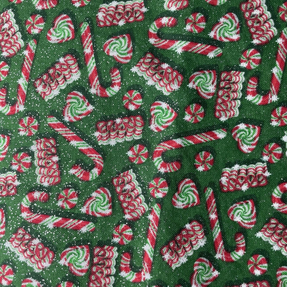 Glitter Candy Cane Christmas Fabric Green Peppermint Print 36x40 Cotton Holiday - Image 4 of 4