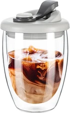 Double Wall Glass Coffee Mug, Glass Coffee Cup with Silicone Lid 12 OZ, Insulate