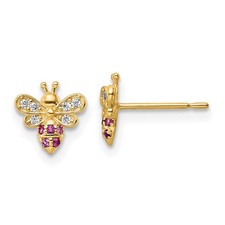 14k Yellow Gold Clear Red CZ Bee Button Stud Earrings Perfect Gift for Her
