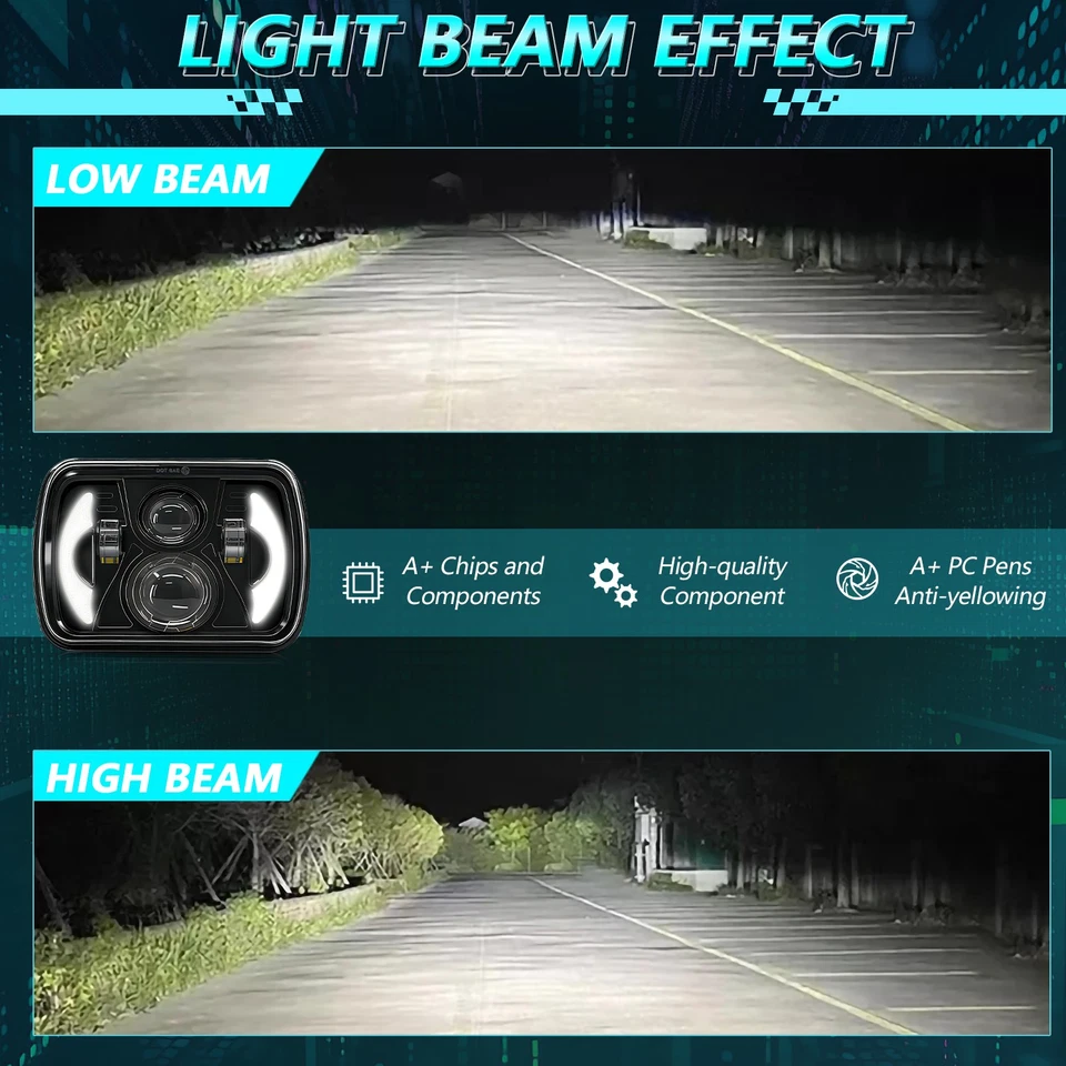 适用于 Kenworth T300 1997 - 2010 对 DOT 7x6" 5x7 英寸 LED 车头灯 HI/LO DRL — 第 4/4 张图片