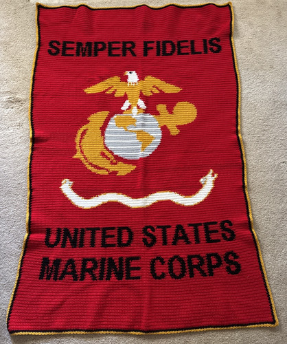 Handmade Afghan Throw Blanket Crochet Rare Marine Corps Design Semper Fidelis