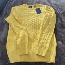 Image of Gant Men's LS Cable Knit Sweater Yellow Crew Neck 100% Cotton M With Logo BNWT