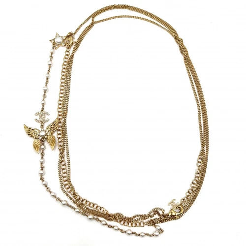 COLLANA LUNGA CHANEL MARCHIO COCCO FINTA PERLA STRASS PLACCATO ORO C24C DONNA