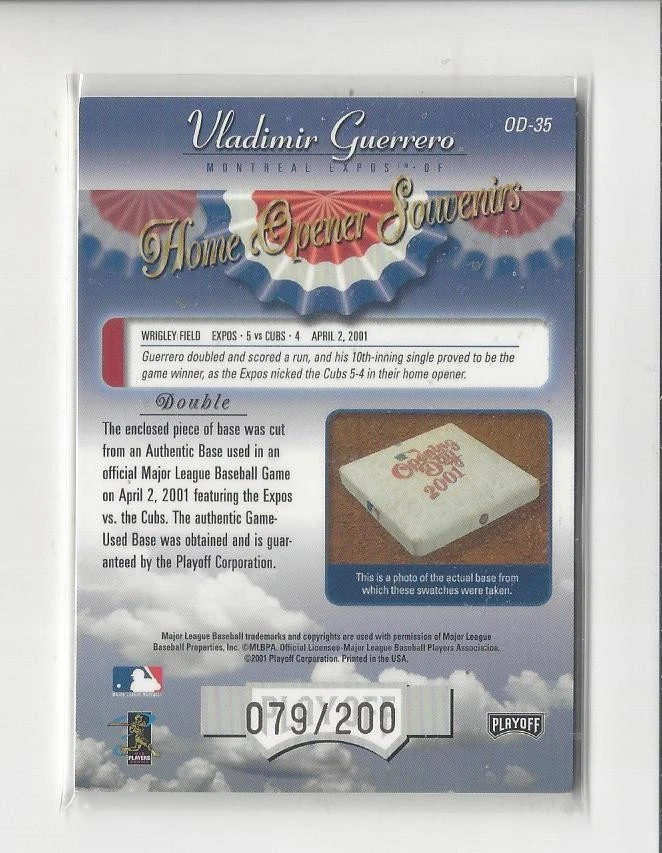2001 Absolute Home Opener Souvenirs #OD35 Vladimir Guerrero BASE Expos /200  - Image 2 of 2