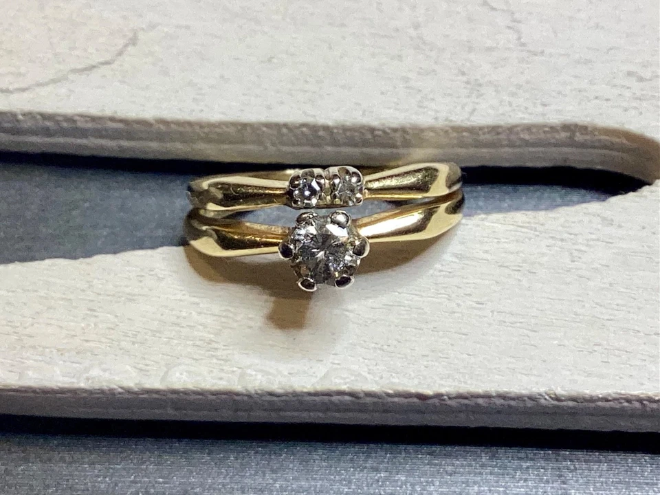 14k Yellow Gold Diamond Double Wedding Band or Pinky Size 4 Ring Jewelry - Image 2 of 4