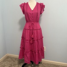 J Crew Pink Ruffle Pom-Pom Midi Dress in Cotton Voile with Pockets Size 0