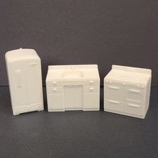 Vintage Marx Doll House Kitchen Furniture Set White Sink Stove Fridge 3 Pc