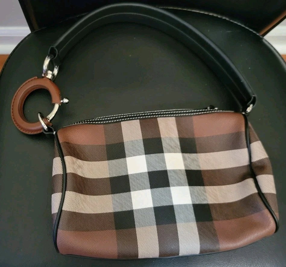 Auténtico Bolso de Hombro Burberry Mujer Cuero Cuadros Negro Marrón Beige Blanco Anillo Foto 2 de 4