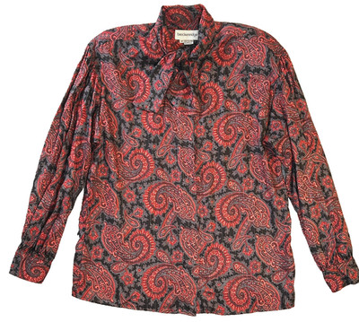 BRECKENRIDGE Blouse Women's Sz 14 Paisley Challis Bow Tie Metallic Gunmetal Top