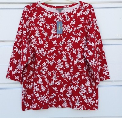 Style & Co Size 3X Red & White Floral Print Knit Top, Boat Neck, 3/4 Sleeve, NWT