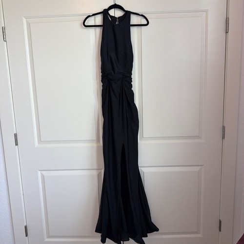 bari jay black formal evening gown with slit and open back