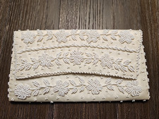 Vintage Beaded White Purse Snap Closure Clutch Hand Made Hong Kong 9 X 4 1/2