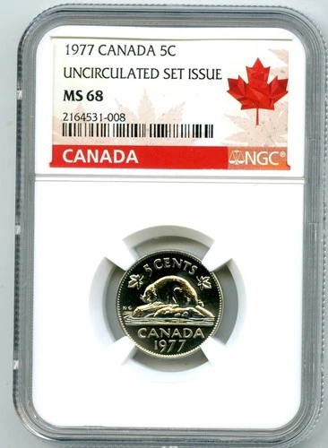 1977 CANADA 5 CENT NICKEL NGC MS68 UNCIRCULATED SET ISSUE COIN