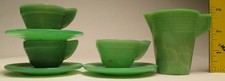 Vintage Akro Agate Concentric Rib Green 7 pieces: Pitcher, 3 Plates, 3 Cups