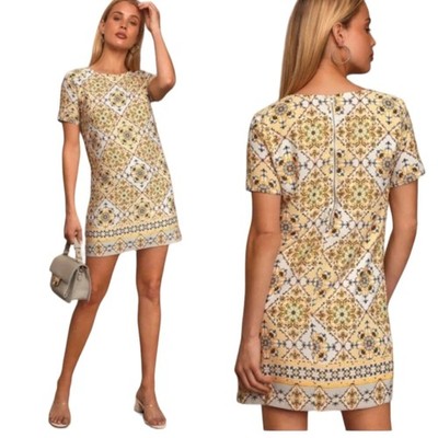 Vtg Lulus Dandy Lion Shift Mini Dress Sm Guest Yellow Floral Print Short Sleeve