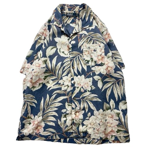 Seltenes POLO Ralph Lauren Leinen Hawaii Hemd XL blau Blumen offener Kragen F/S - Bild 1 von 10