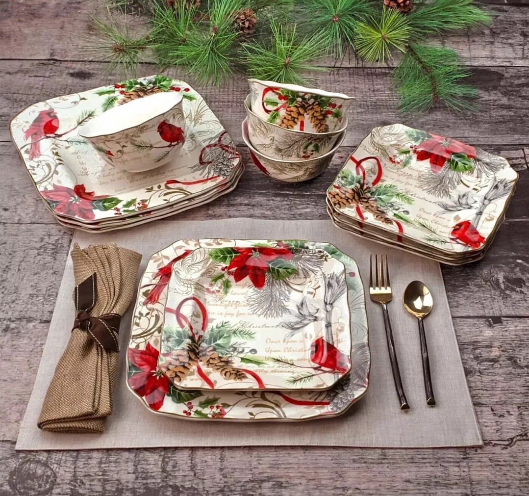222 Fifth Holiday Wishes Red 12-Piece Dinnerware Set Service