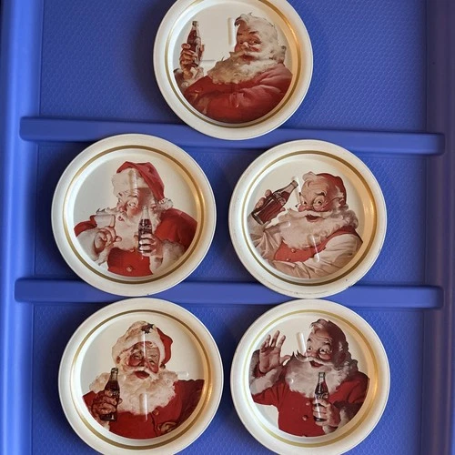 Vintage COCA-COLA Santa Holiday Coasters 5 Different Pictures Metal 3-1/2"