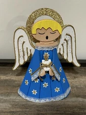 Vintage KITSCHY Homemade Craft Midcentury Wood Christmas Angel Ribbon Glitter