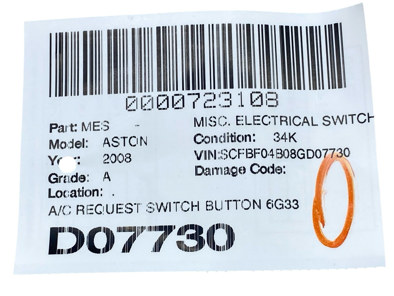 2006-2016 ASTON MARTIN VANTAGE  A/C REQUEST SWITCH BUTTON 6G33-19E755-BA