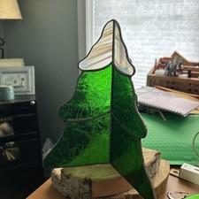 Vintage 3-Sided Stained Slag Glass Green Snow Topped Tree 9  H x 7"W
