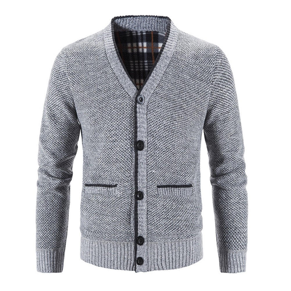Cozy Men's Knit Button Cardigan with Fleece Lining Warm Winter