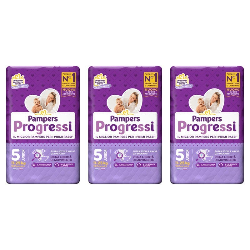 54 Pannolini PAMPERS PROGRESSI Pannolini Bambini taglia 5 Junior 11-25 kg NUOVI