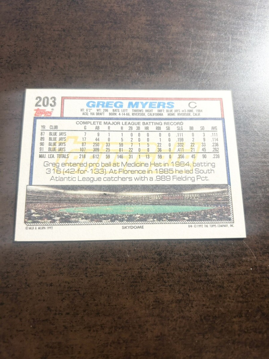 ⚾️1992 Topps Gold Winner #203 Greg Myers Toronto Blue Jays C135