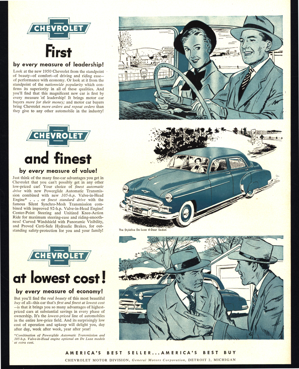 1950 CHEVY STYLELINE DE LUXE 4-DOOR GREEN SEDAN VINTAGE PRINT AD