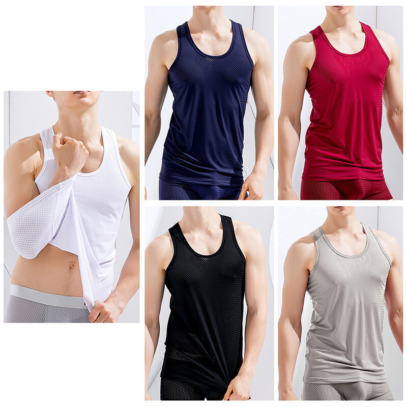 Mens T Shirt Ice Silk Mesh Hole Gym Basketball Tank Tee Quick-Drying Vest Tops
