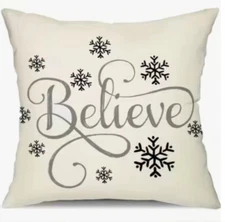 BELIEVE Snowflake Christmas Linen Throw Pillow Cover Winter Holiday Home Decor