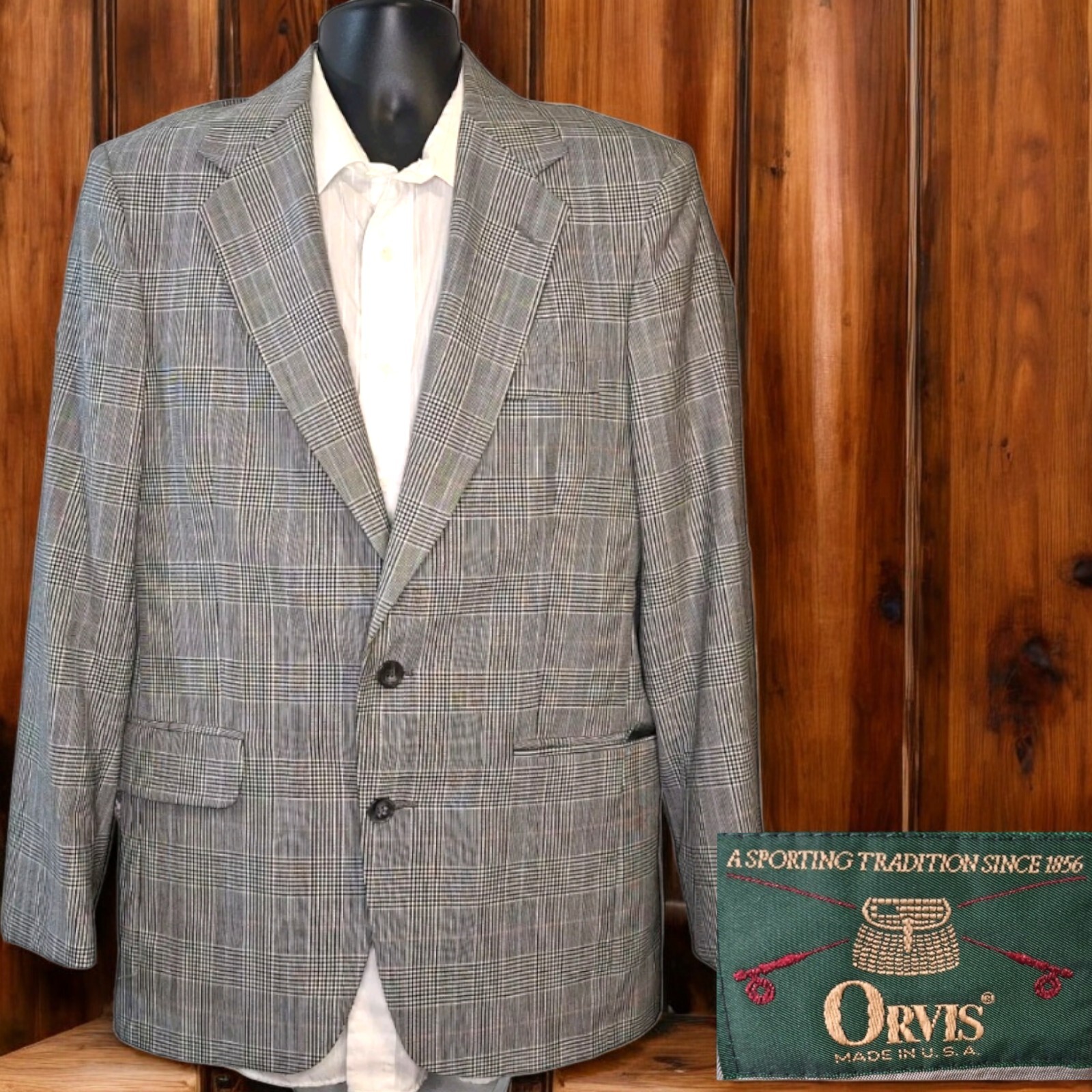 Orvis Sport Coat Blazer Mens 40R Black White Plaid VTG Made in USA