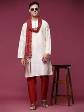 Indian Men’s White Silk Kurta Pyjama Set Ethnic 2 Piece for Celebrations