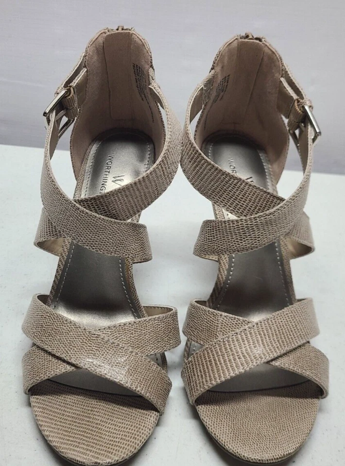 Zapatos de salón Worthington para mujer talla 6,5 tostados punta abierta con tiras 3" tacón de aguja hebilla Foto 2 de 4