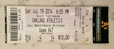 Oakland A's Baltimore Baseball Ticket 7/19 2014 Wei-Yin Chen Win Davis HR Stub